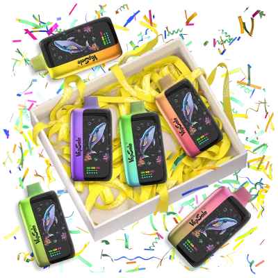 Colorful Vapesolo disposable vapes arranged in a gift box with decorative ribbons and confetti, featuring vibrant packaging designs.
