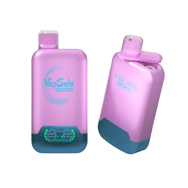 Two VapSolo Twins Pro vape devices in purple, featuring a sleek design and digital LED display on the front.