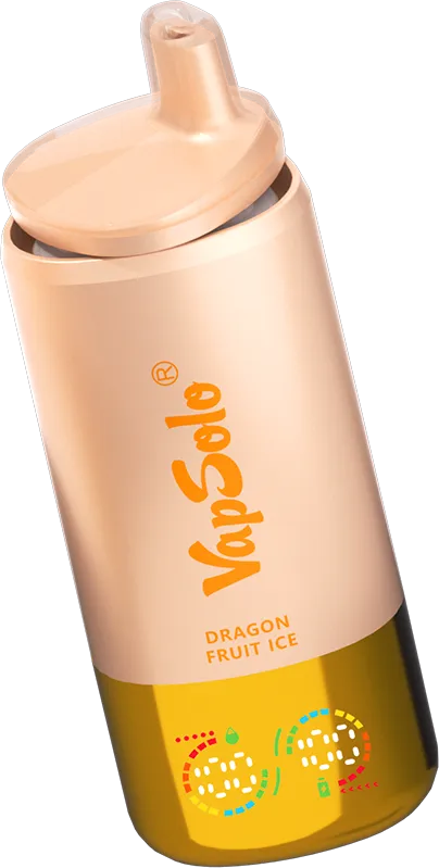 Peach and yellow VapSolo vape device featuring "Dragon Fruit Ice" flavor with decorative "202" text.