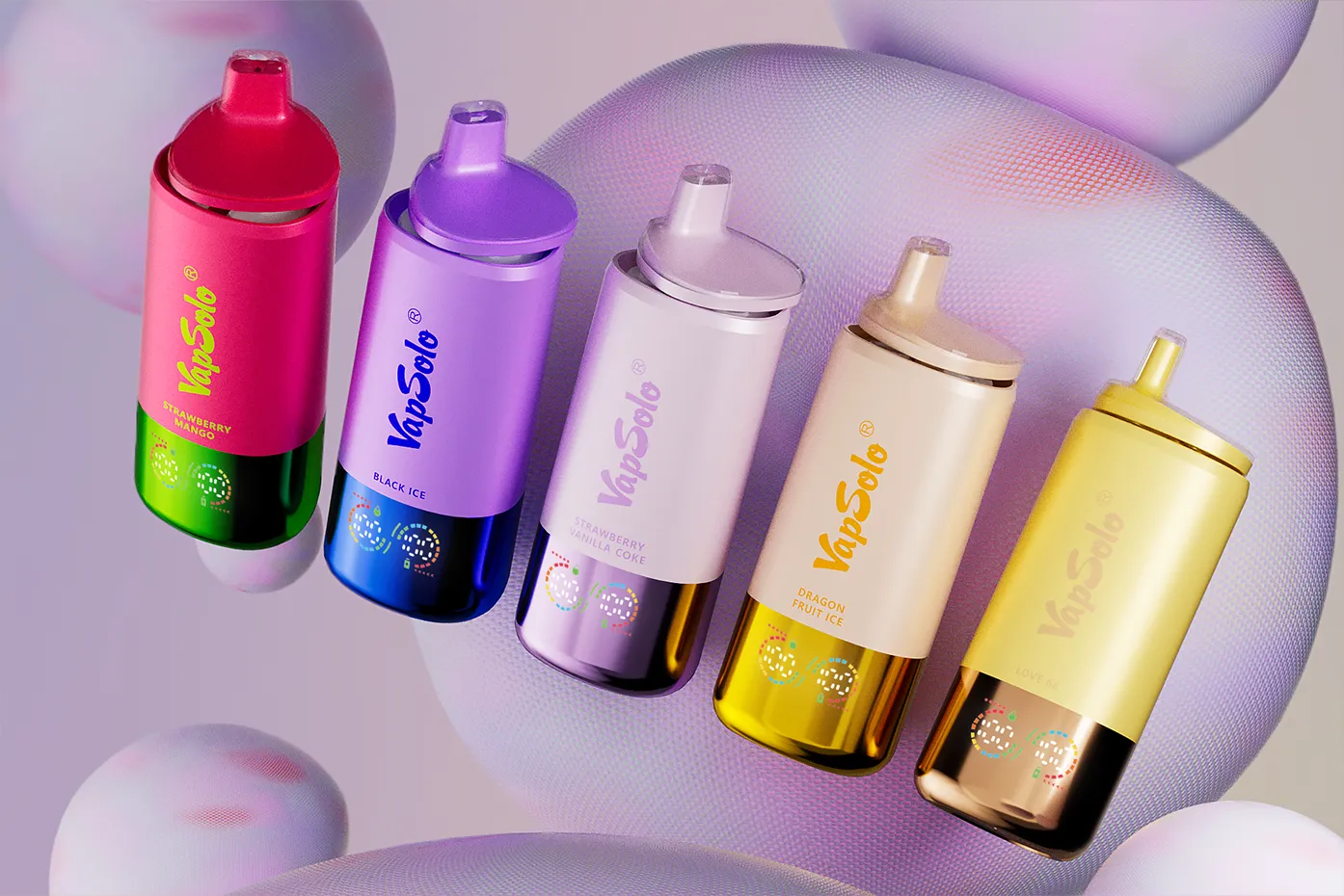 Five colorful VapSolo vape devices in various flavors including Strawberry Mango, Black Ice, Strawberry Vanilla Coke, Dragon Fruit Ice, and Love 66, displayed against a textured background.