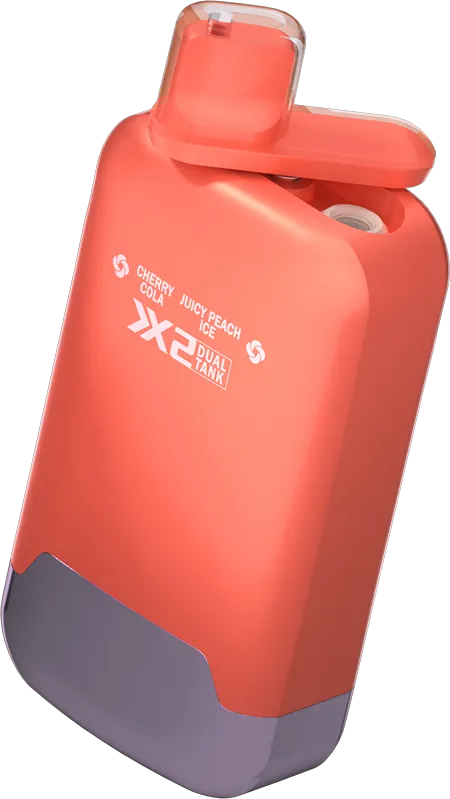 Orange TWINS PRO vape device featuring dual tank with Cherry Cola and Juicy Peach Ice flavor.