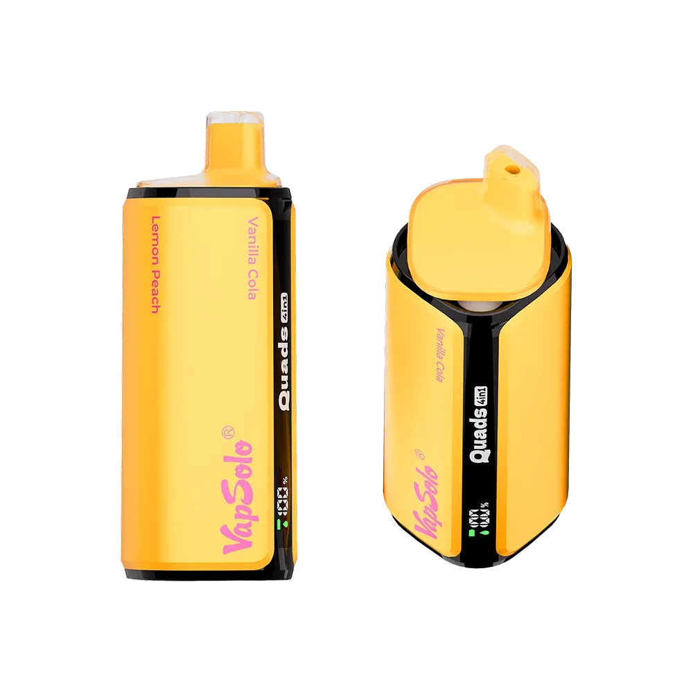 VapSolo Quads vape devices featuring Lemon Peach and Vanilla Cola flavors, showcasing sleek yellow design and branding.
