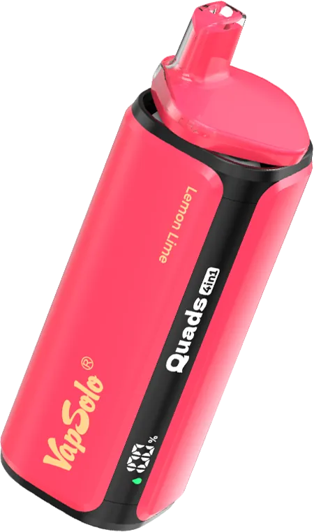 Pink Vapsolo Quads vape device with Lemon Lime flavor labeling and visible LED indicators.