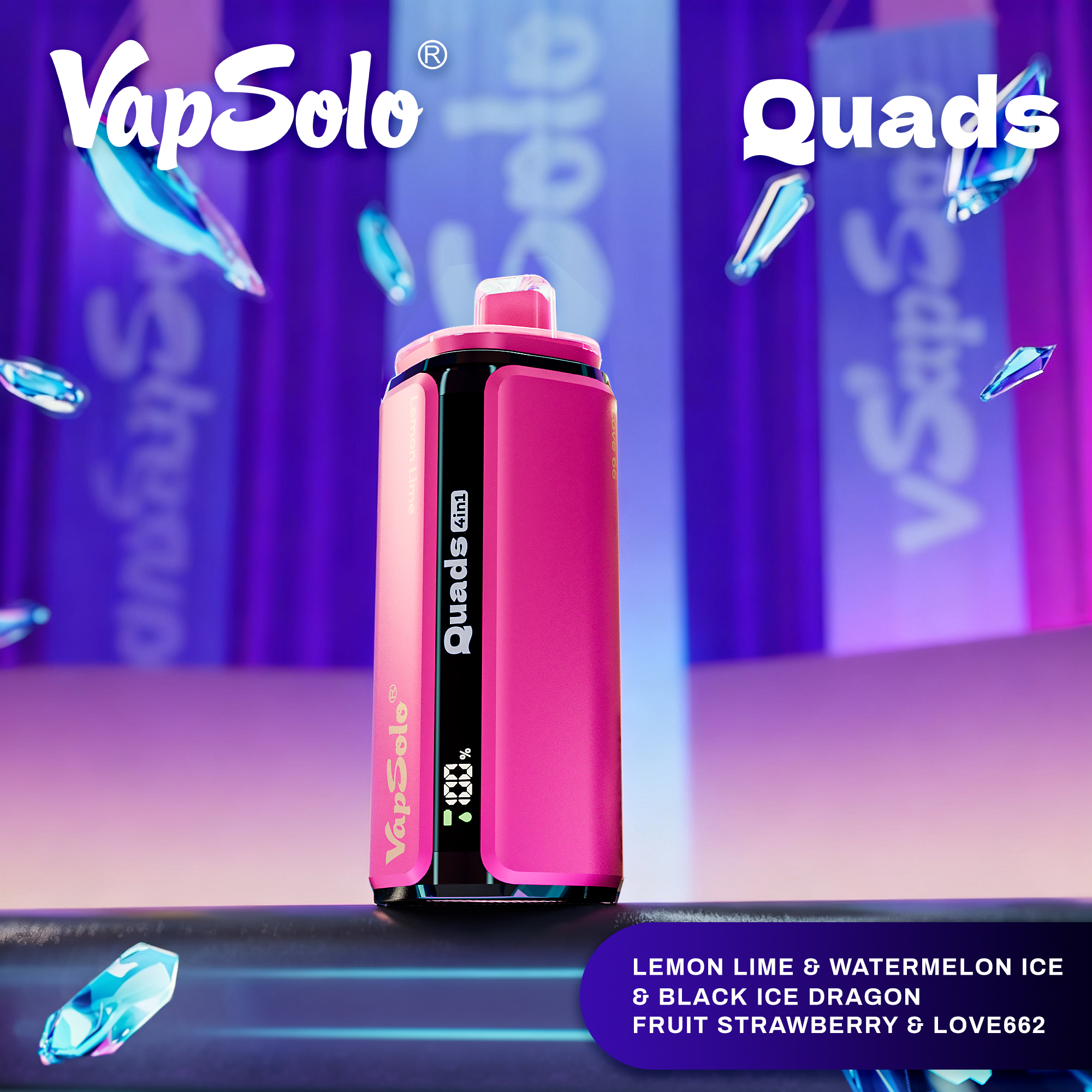 Vapsolo Quads 4-en-1 recargable con pantalla LED, que se muestra bajo iluminación púrpura y azul, destacando su diseño moderno y múltiples opciones de sabor.
