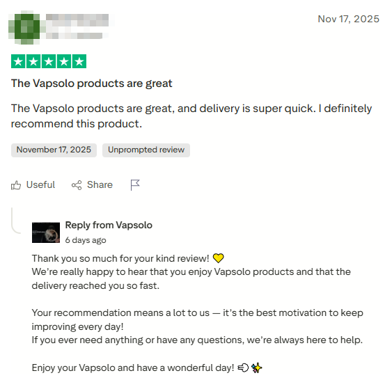 A Trustpilot weboldalon található, ötcsillagos értékeléssel rendelkező vásárlói vélemények a Vapsolo-ról.