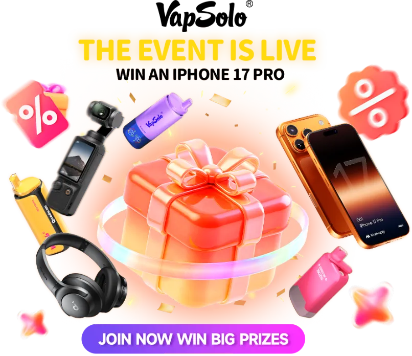 A promotional banner showcasing an exciting event offering a chance to win an iPhone 17 Pro. The image includes a wrapped gift box, percentage symbols, and various prizes such as a camera, headphones, and VapSolo products. The text on the banner highlights "THE EVENT IS LIVE" and "JOIN NOW WIN BIG PRIZES."
