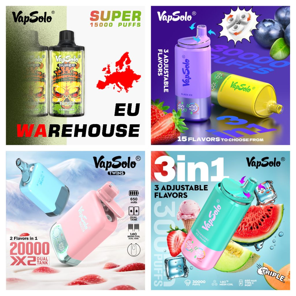 VapSolo product lineup showcasing various disposable vapes; top left image shows Super EU Warehouse 15000 puffs vape, top right highlights VapSolo 60,000 puffs Black Ice flavor with 15 flavor options, bottom left features Twins series vape with dual tank 20,000 puffs, and bottom right displays Triple series vape offering 3000 puffs with 3 adjustable flavors.