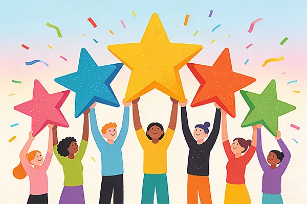 Illustration representing aggregated user feedback from large-scale independent platforms, showing diverse users collectively highlighting shared product experiences and consensus.