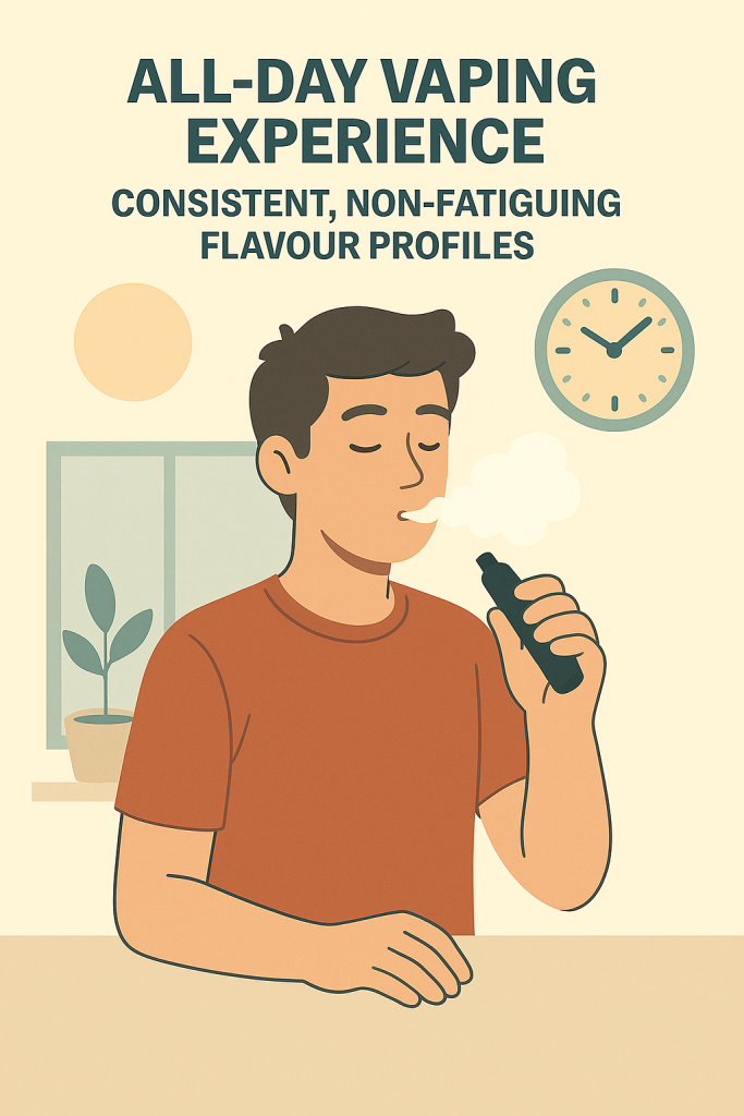 Illustration of a person vaping indoors with the text "ALL-DAY VAPING EXPERIENCE" and "CONSISTENT, NON-FATIGUING FLAVOUR PROFILES" above them. A clock and potted plant are visible in the background.