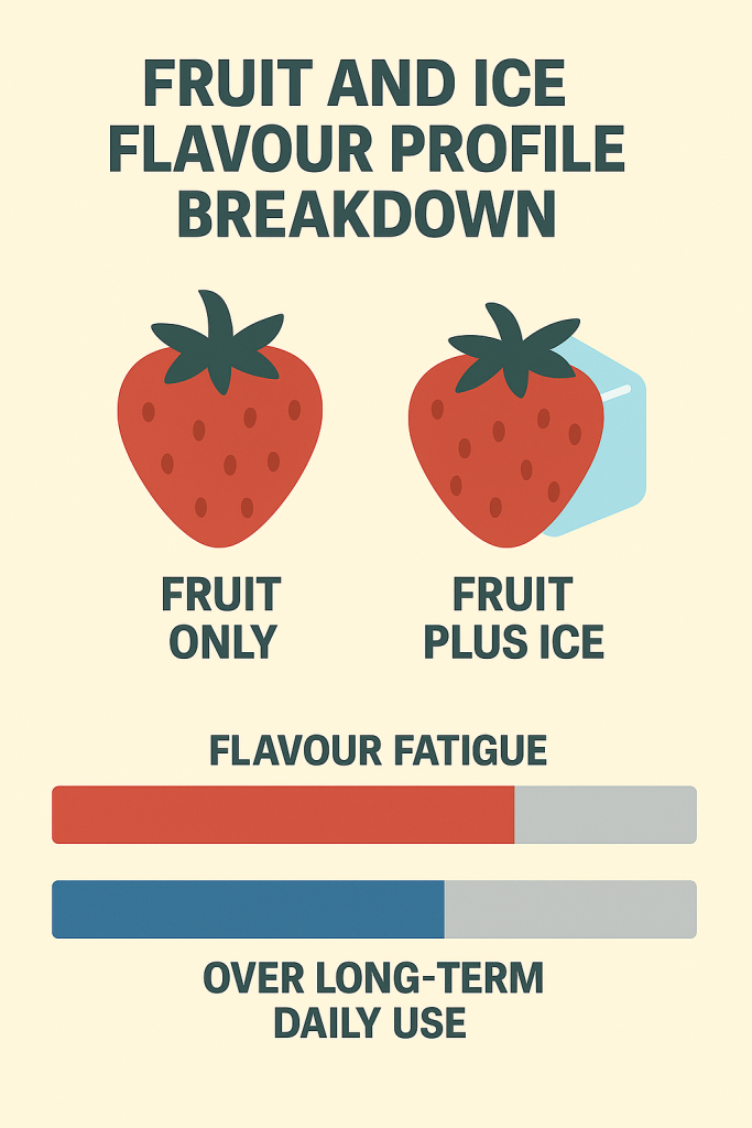 Infographic comparing flavour fatigue of fruit-only vs fruit plus ice, highlighting "Fruit and Ice Flavour Profile Breakdown" with strawberries and ice cube illustrations.