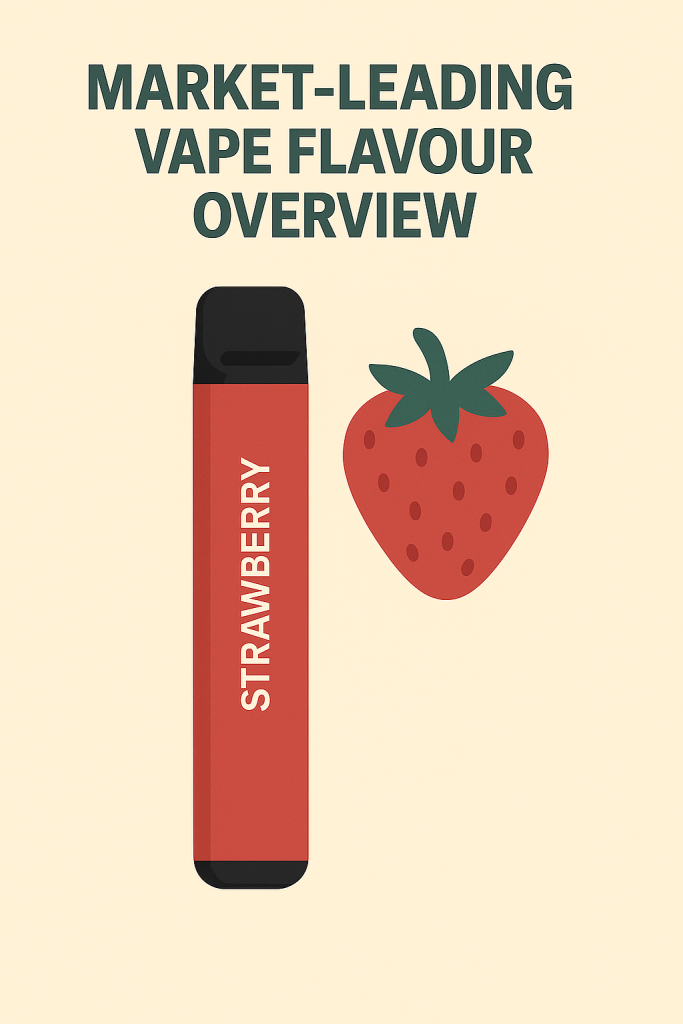 Image of a red vape device labeled "STRAWBERRY" next to a strawberry graphic, showcasing market-leading vape flavor overview.