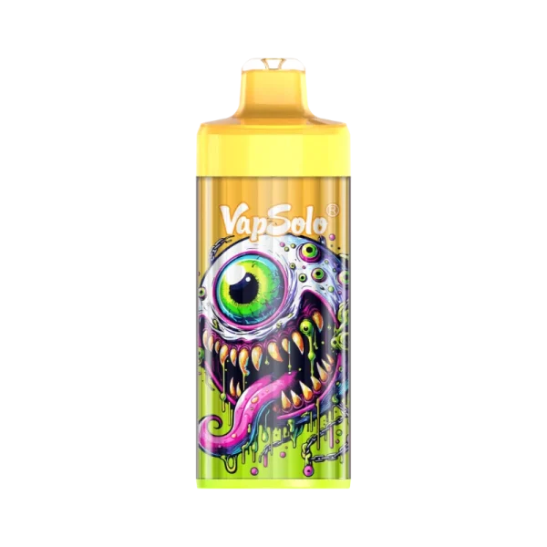 VapSolo King Pro disposable vape featuring a vibrant design with a single large green eye monster graphic, set against an orange and green background.