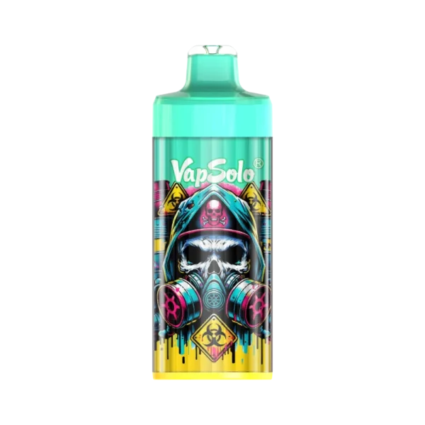 Vapsolo King Pro vape featuring a Pina Colada flavor. The design includes vibrant skull art with a gas mask and biohazard symbols on a teal background.