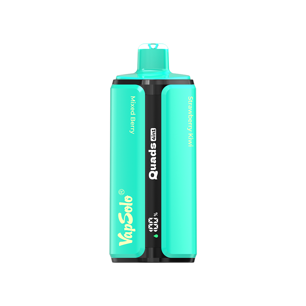 Vapsolo Quads 80K vape with turquoise casing, featuring "Mixed Berry" and "Strawberry Kiwi" flavors, showing the Vapsolo logo.