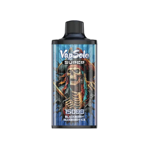 VapSolo Super vape featuring a pirate-themed design, offering 150 puffs in Blackberry Blueberry Ice flavor.
