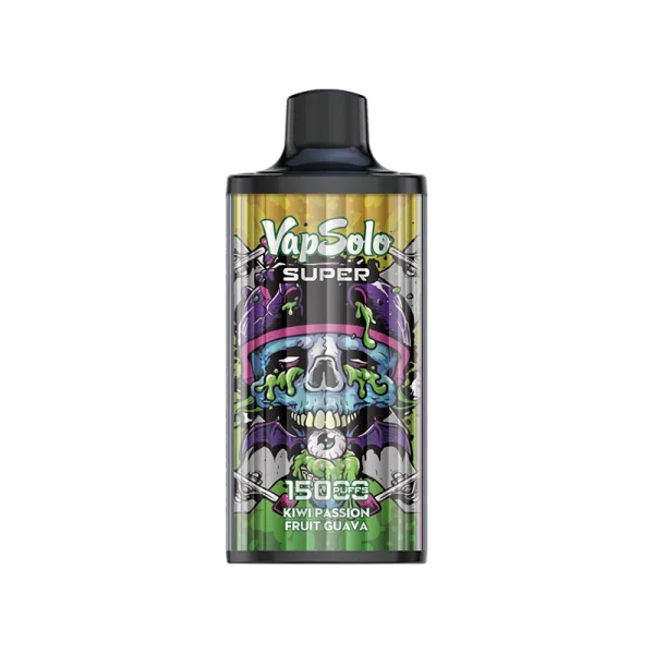 Vapsolo Super vape with skull design in Kiwi Passion Fruit Guava flavor offering 15000 puffs.
