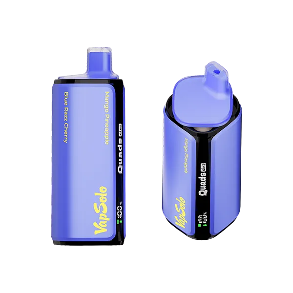 VapSolo Quads vape devices featuring Blue Razz Cherry and Mango Pineapple flavors, with visible brand name and flavor text.