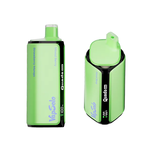 Two VapSolo Quads vape devices in green, featuring "Mixed Berry" and "Strawberry Mango" flavors with visible branding.
