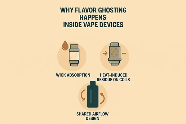Illustration explaining flavor ghosting in vape devices with icons for wick absorption, heat-induced residue on coils, and shared airflow design.