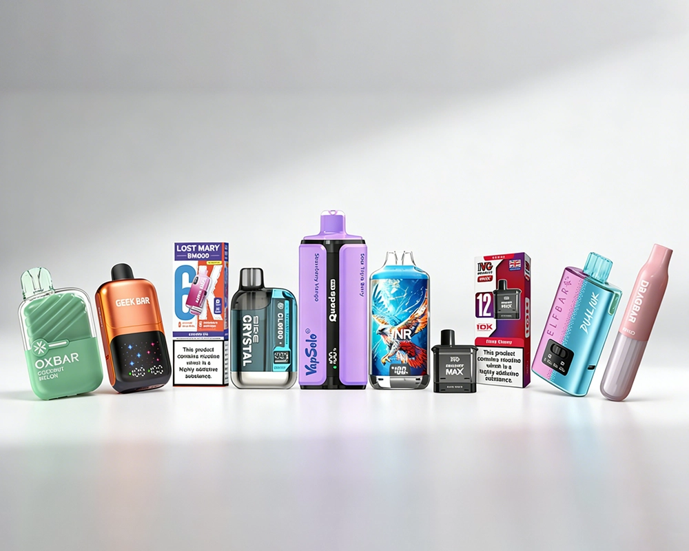 A variety of disposable vapes showcasing brands like Quads, Oxbar, Geek Bar, and Elf Bar, with flavors such as Cool Mint and Mass Cherry.