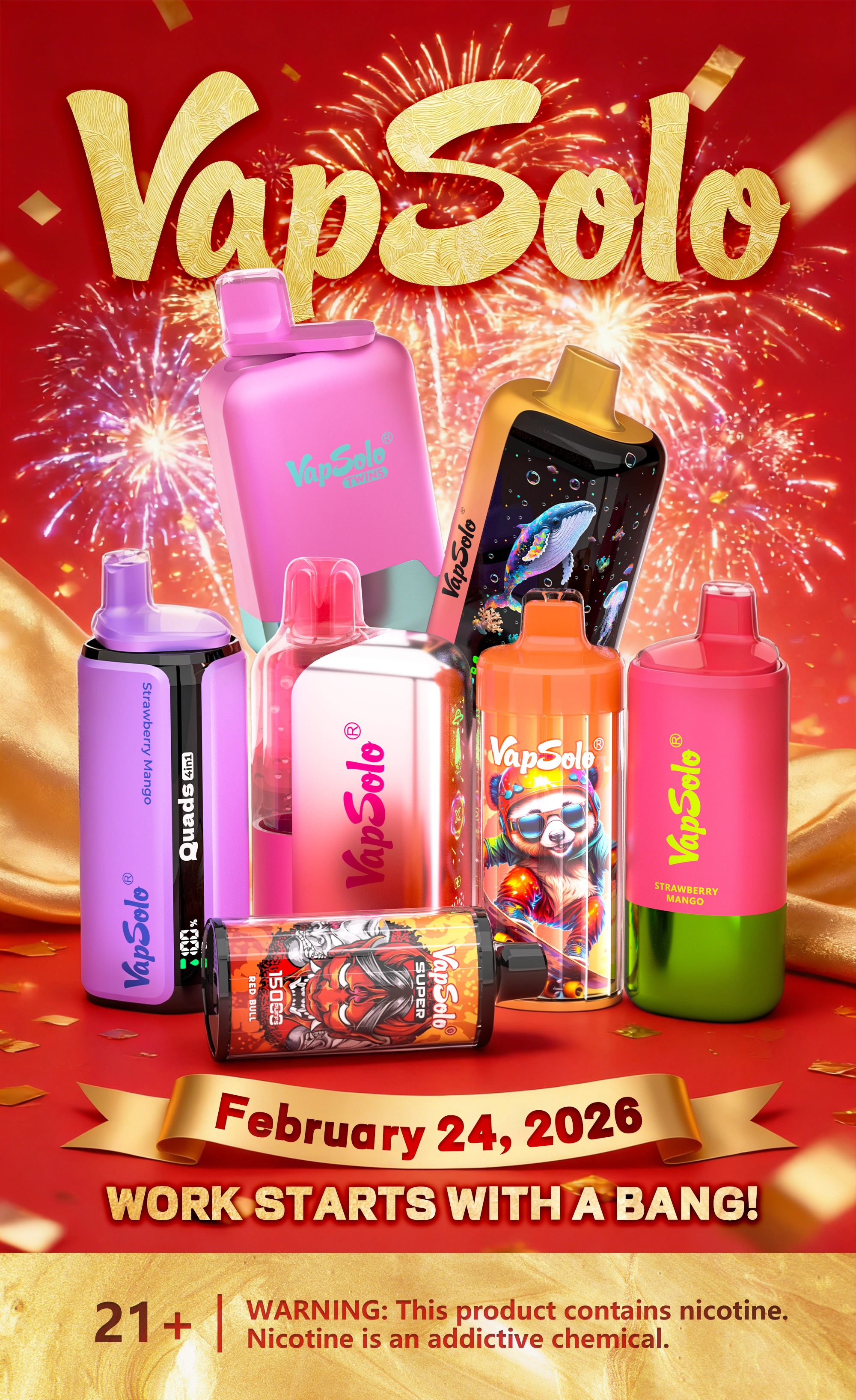Vibrant VapSolo vape lineup with products like Quads, Strawberry Mango flavor, and striking designs against a red fireworks background, highlighting the February 24, 2026 launch date.