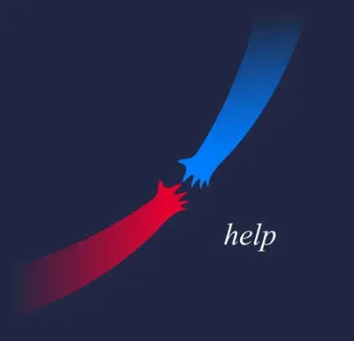 Illustration of a blue arm reaching out to a red arm on a dark background with the word "help" near the red arm.
