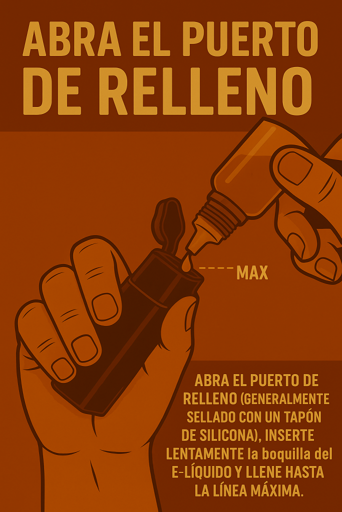 Illustration showing hands holding a vape pod and a bottle, with Spanish instructions "Abra el puerto de relleno" to fill the pod to the "MAX" line.