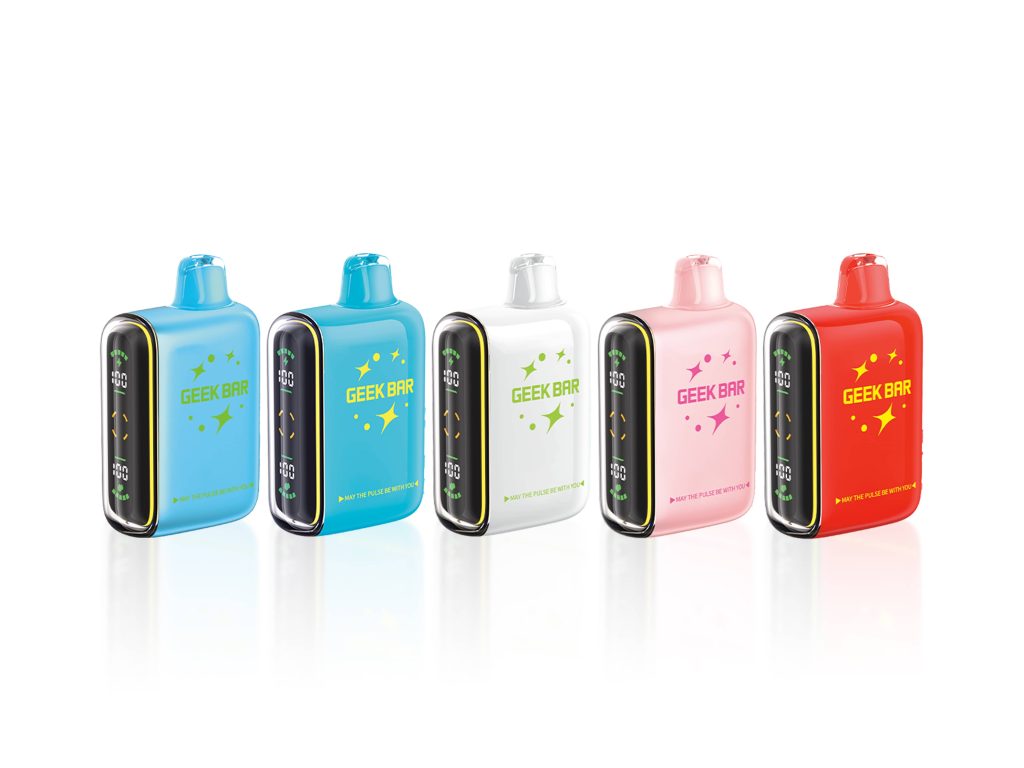 Five colorful Geek Bar Pulse vapes in blue, pink, white, and red, each displaying the phrase "May the pulse be with you."