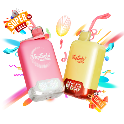 Colorful promotional image featuring VapSolo Twins Pro and VapSolo Twins products with 'Super Sale' graphics and vibrant confetti.