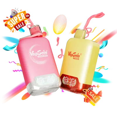 Colorful promotional image featuring VapSolo Twins Pro and VapSolo Twins products with 'Super Sale' graphics and vibrant confetti.