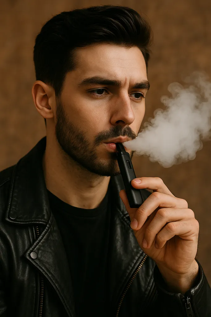A person in a leather jacket holding a refillable e-cigarette, exhaling vapor in a brown background.