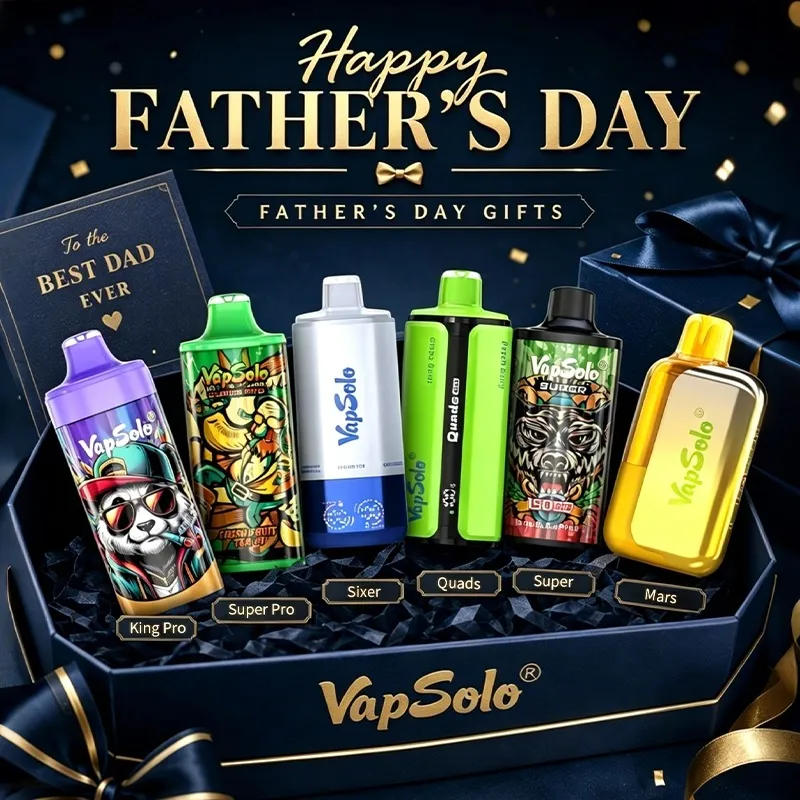 VapSolo Father’s Day gifts graphic showing six vape devices labeled King Pro, Super Pro, Sixer, Quads, Super, and Mars, with the text “Happy Father’s Day,” “Father’s Day Gifts,” and “To the Best Dad Ever.”
