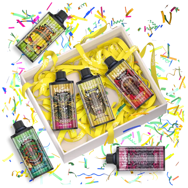 Vapsolo SUPER vape gift set featuring different flavored vapes with 15000 puffs each, displayed in a decorative box with colorful ribbons and confetti.
