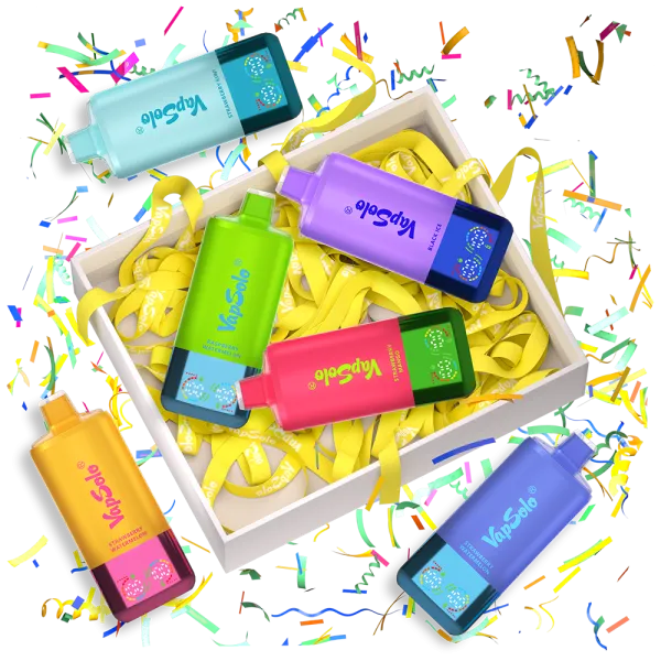 Vapsolo Surprise Box Set featuring colorful vape devices with visible text including Raspberry Watermelon, Mixed Berry, and Black Ice. The box is filled with yellow ribbons and surrounded by confetti.