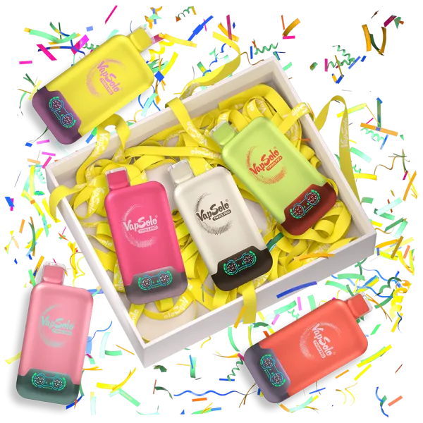 A VapSolo TWINS PRO gift box containing multiple vapes surrounded by colorful confetti. Each vape features a unique color and the VapSolo logo, with decorative yellow ribbons inside the box.