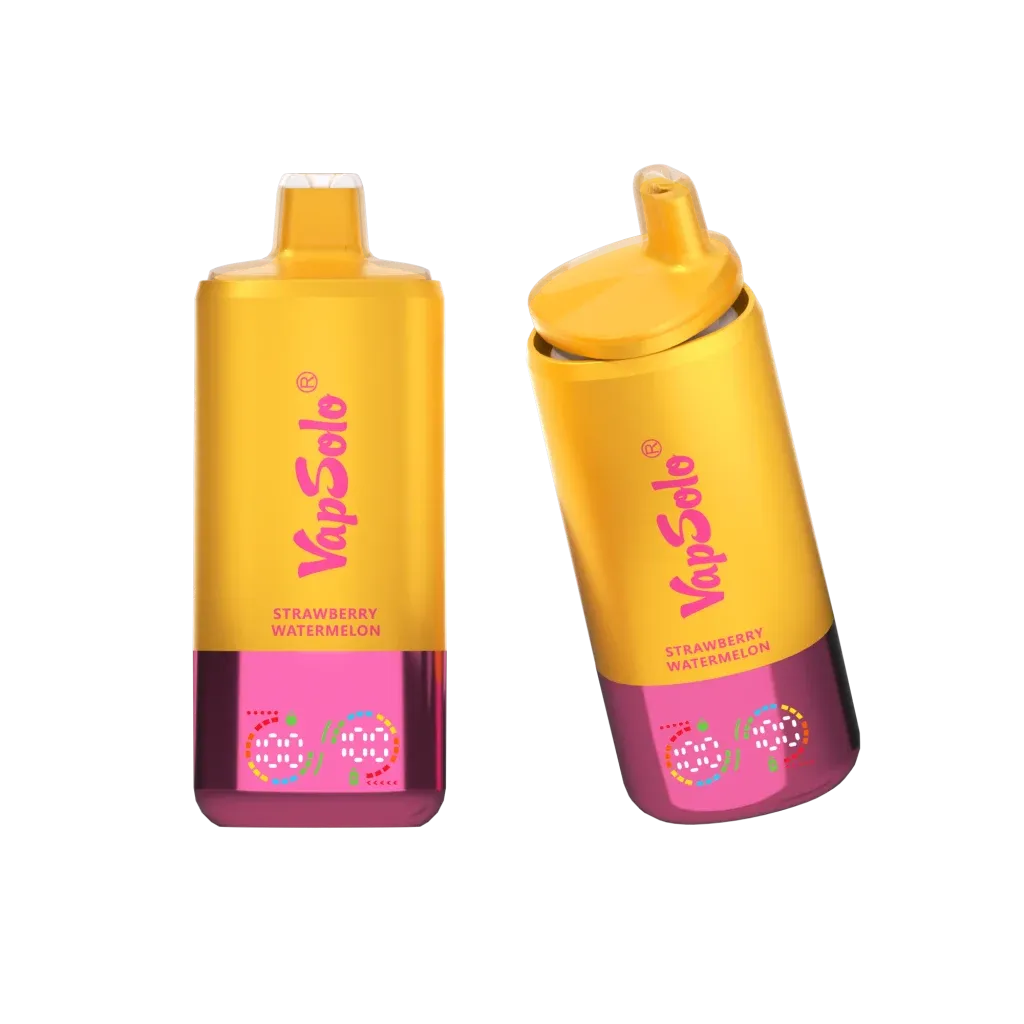 Two VapSolo e-cigarettes with a Strawberry Watermelon flavor in yellow and pink packaging, showcasing the brand name prominently.