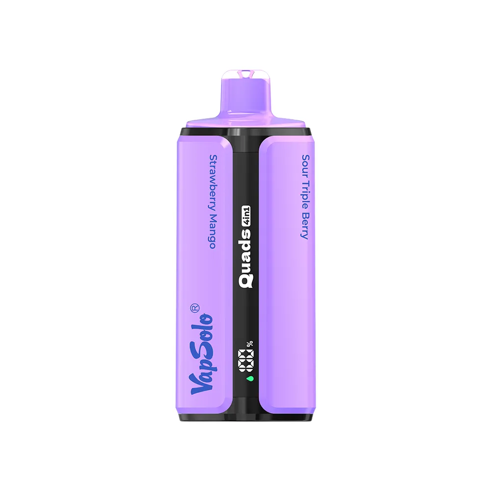 Vapsolo Quads 80K vape showing flavors Sour Triple Berry and Strawberry Mango with brand logo and product details.