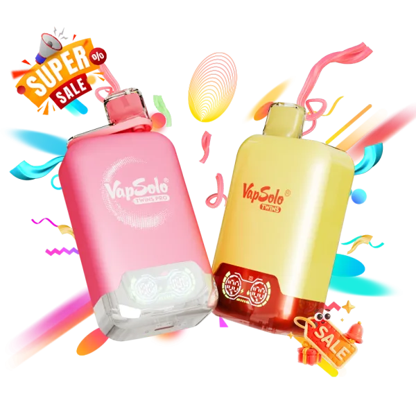 Colorful promotional image featuring VapSolo Twins Pro and VapSolo Twins products with 'Super Sale' graphics and vibrant confetti.