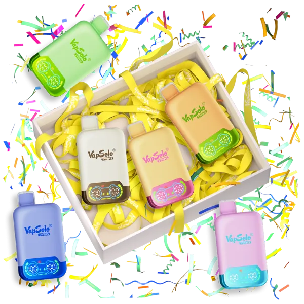 VapSolo TWINS PRO vapes displayed in a festive gift box, surrounded by colorful ribbons and confetti.