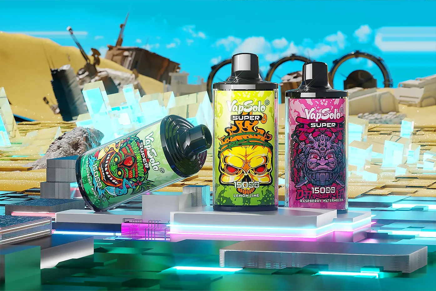 Three Vapsolo SUPER vape devices showcased on a futuristic platform, displaying Lemon Lime and Raspberry Watermelon flavors with bold, colorful designs.