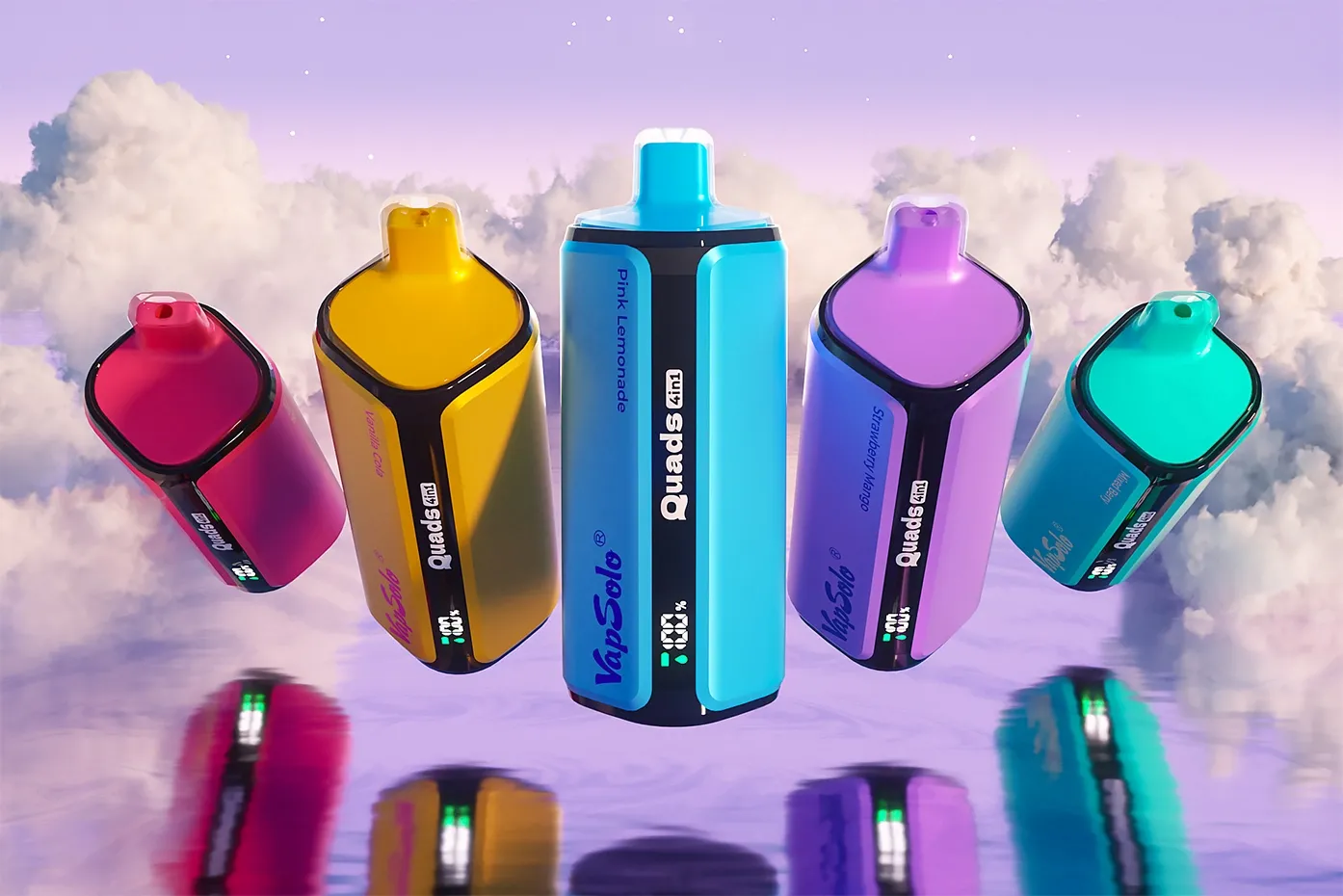 Display of VapSolo Quads vape devices with various flavors including Pink Lemonade, Strawberry Mango, and Grape Ice floating against a cloud backdrop. Each device highlights "70K" puffs.