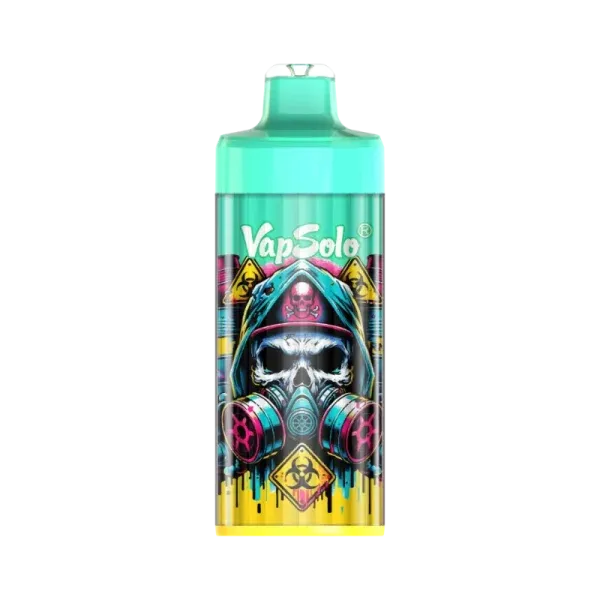 Vapsolo King Pro vape featuring a Pina Colada flavor. The design includes vibrant skull art with a gas mask and biohazard symbols on a teal background.