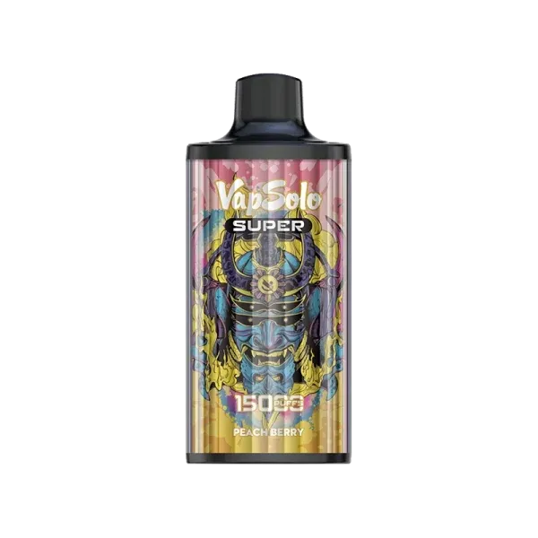 Vapsolo Super vape featuring Peach Berry flavor with 15000 puffs, vibrant graphic design on the device.