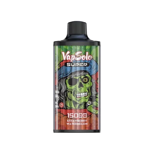 Vapsolo Super vape featuring strawberry watermelon flavor, adorned with an eye-catching skull design and labeled with 15000 puffs.