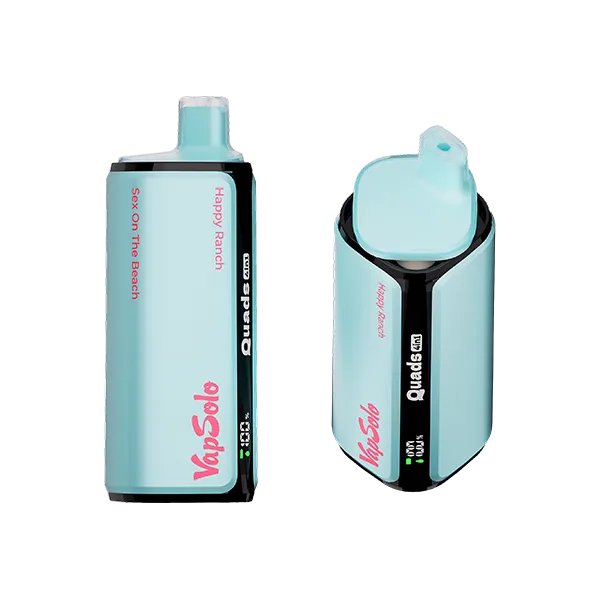 VapSolo Quads vape device featuring the Happy Ranch flavor with Sex On The Beach labeling, showcasing a modern design with visible branding.