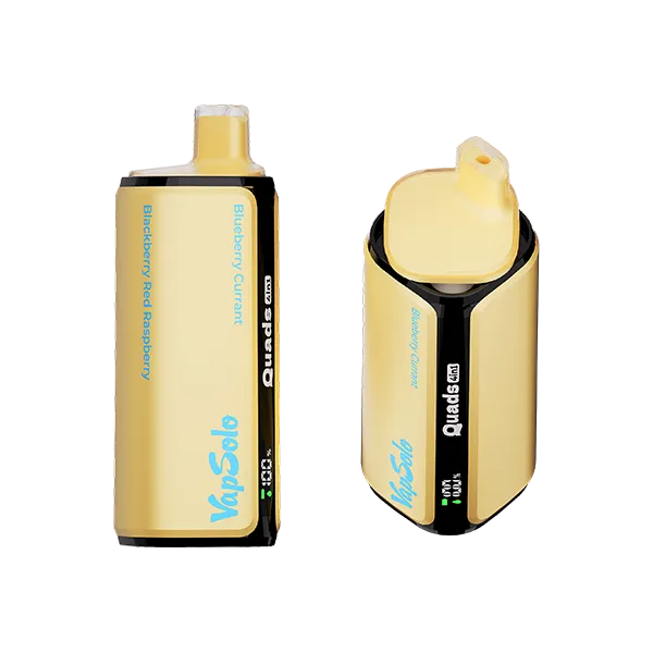Vapsolo Quads disposable vape featuring flavors: Blueberry Currant and Blackberry Red Raspberry, with visible branding and unique design.