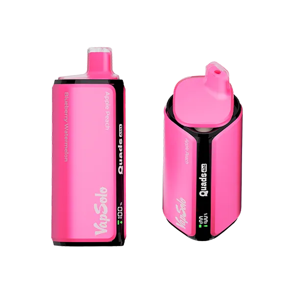 Two pink VapSolo Quads vape devices featuring "Blueberry Watermelon" and "Apple Peach" flavors, capable of delivering up to 8000 puffs.