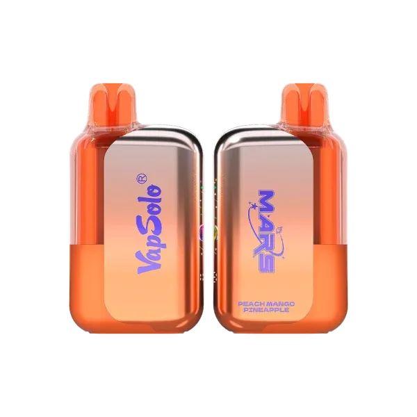 VapSolo MARS vape device featuring a Peach Mango Pineapple flavor in a sleek orange and silver design.