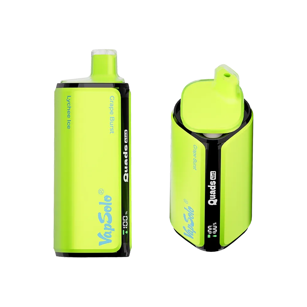 The image shows two Vapesolo Quads disposable vape devices in a vibrant lime green color. The visible flavors are "Grape Burst" and "Lychee Ice."