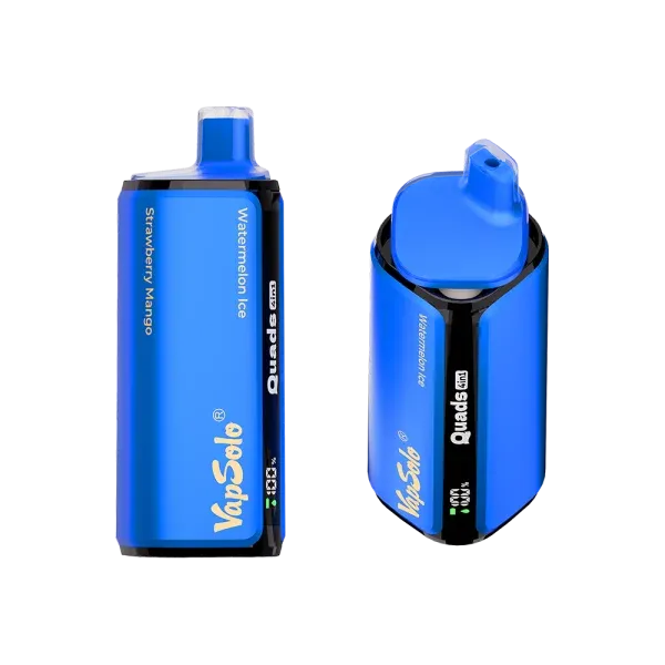 Two blue VapeSolo Quads vape devices with "Watermelon Ice" and "Strawberry Mango" flavors printed on them.